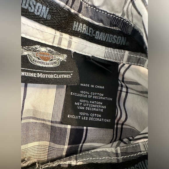 HARLEY-DAVIDSON Skull Shield Plaid Button Down Shirt Black White Gray Graphic - Picture 11 of 16